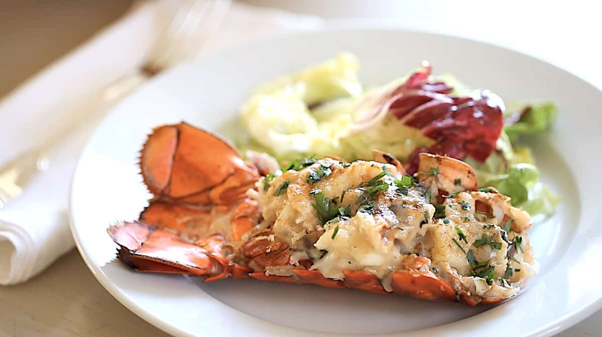 Lobster Thermidor on a plate served with a salad