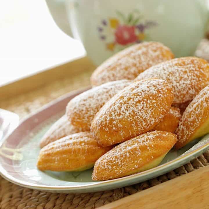 Madeleines on a Blue Plate with powdered sugar