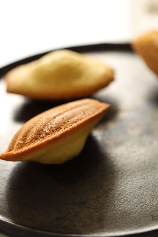 A madeleine on its side showing both the hump and scalloped edge.