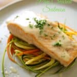 Pan Seared Salmon on a Plate with Veggie Nests and Buerre Blanc Sauce