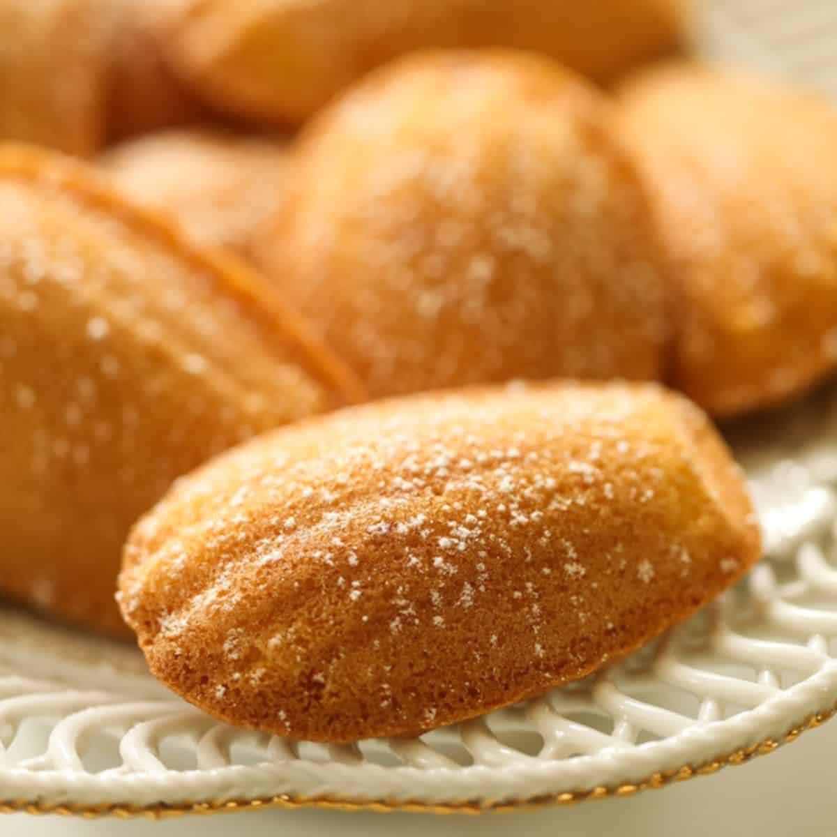 Madeleines in a small white dish with powdered sugar