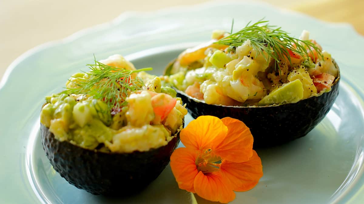 Stuffed Avocado loaded with Shrimp Salad on a Blue Plate