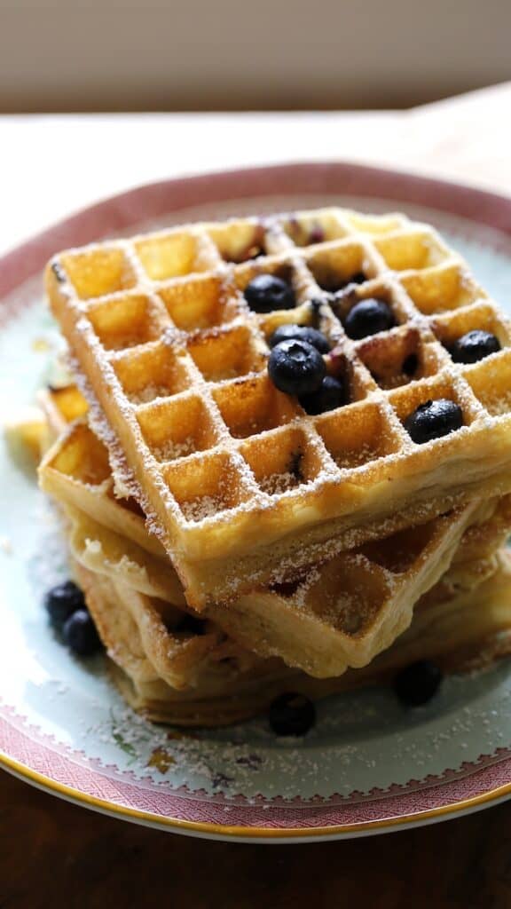 Blueberry Waffles stacked on a blue floral plate