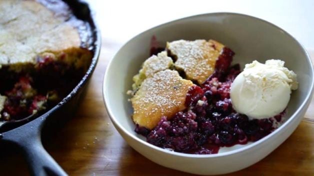 mixed berry and ginger crumb cast iron cake