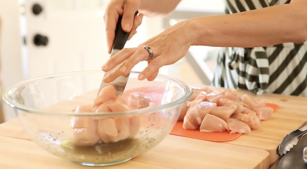 Chicken breast cut into bite sized chunks and placed in a bowl