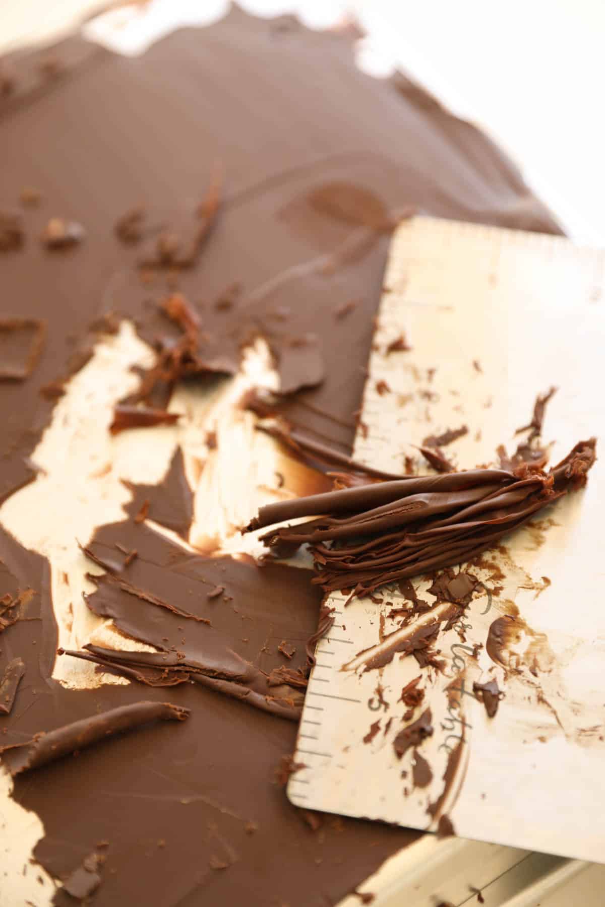 chocolate shavings made with a bench scrape