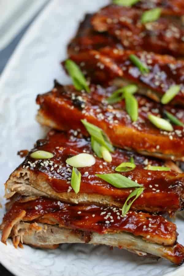 Vertical shot of BBQ Ribs recipe on a platter