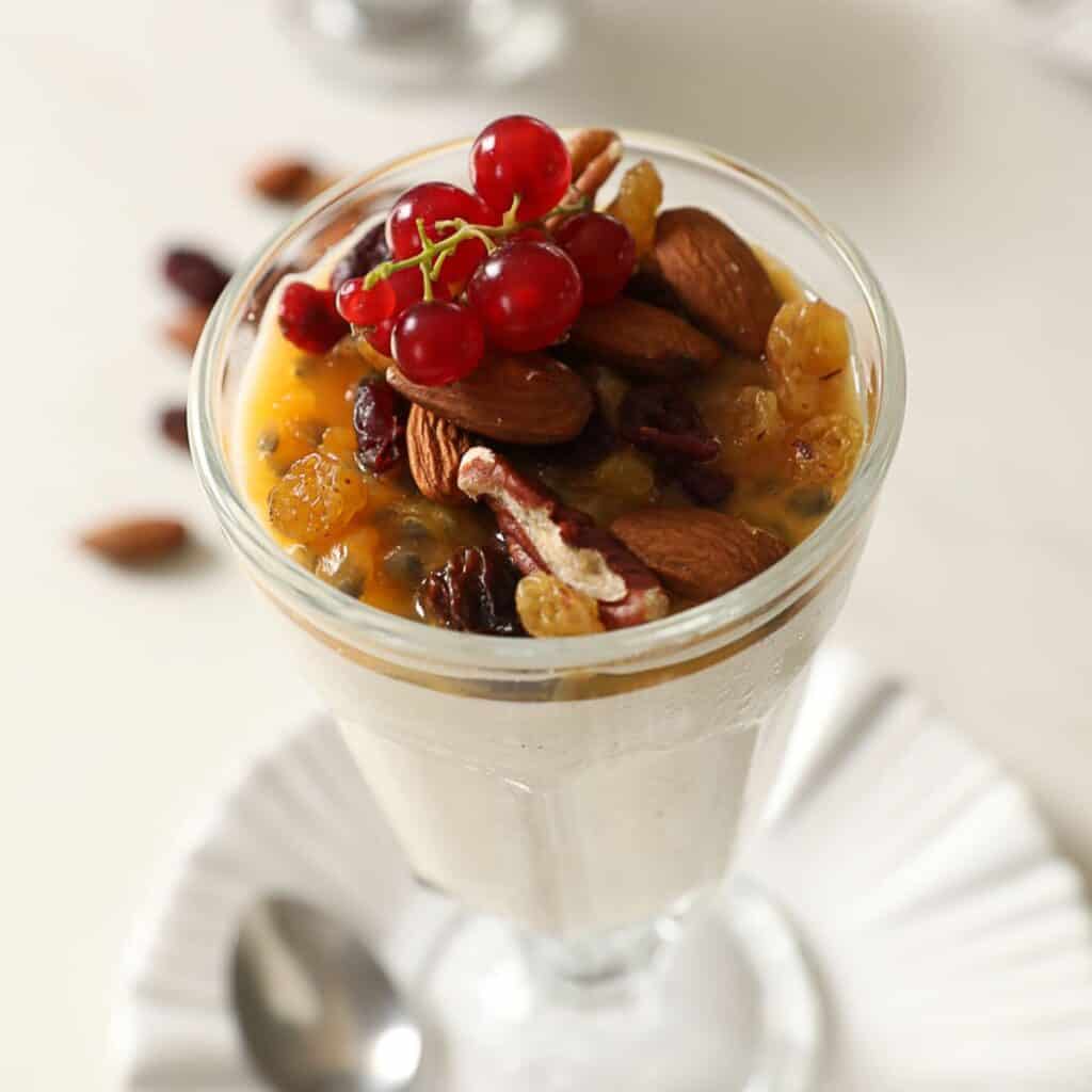 Close up of the topping of a breakfast panna cotta.