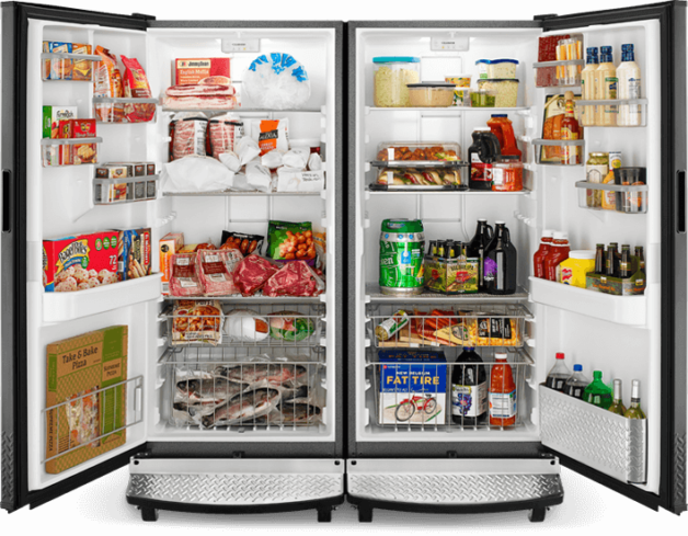 An opened upright refrigerator and freezer