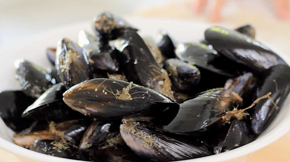 a bowl of fresh mussels with their beards, the fibrous 