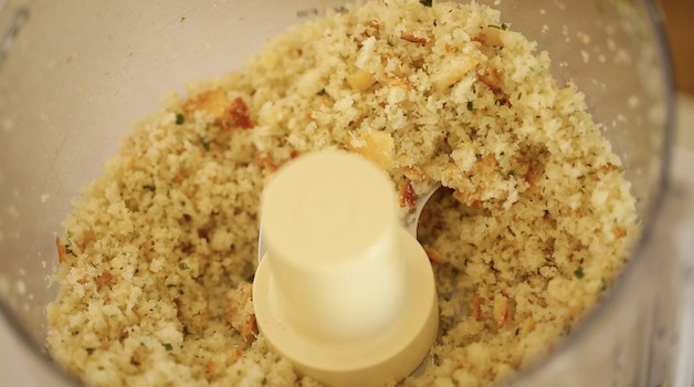 Homemade bread crumbs finely processed in a food processor