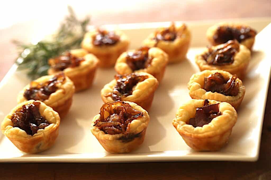 Mini Goat CHeese Tarts on a White Square Platter