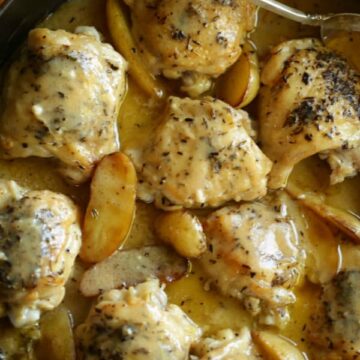 One Pot Chicken and Potatoes Recipe in red braiser