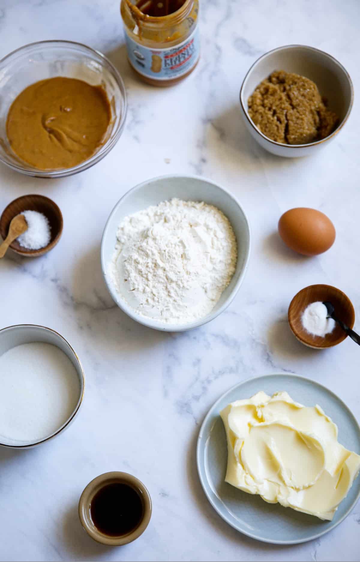 Ingredients Laid out on a counter for Peanut Butter Cookies
