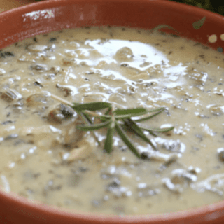 A bowl of chicken and mushroom stew in a terra cotta bowl garnished with rosemary  