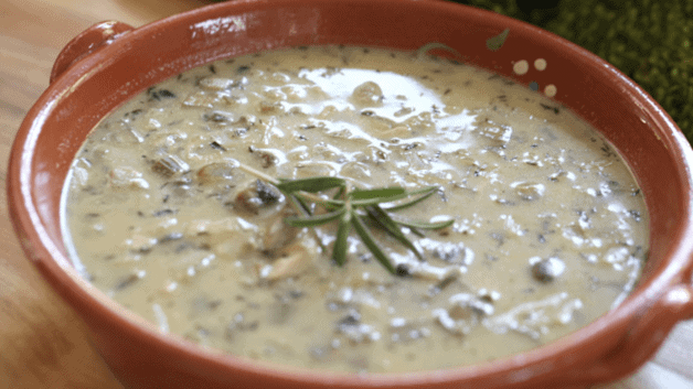 A bowl of chicken and mushroom stew in a terra cotta bowl garnished with rosemary 