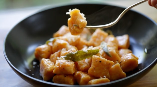 Sweet Potato Gnocchi with Brown Butter and Sage bite on fork