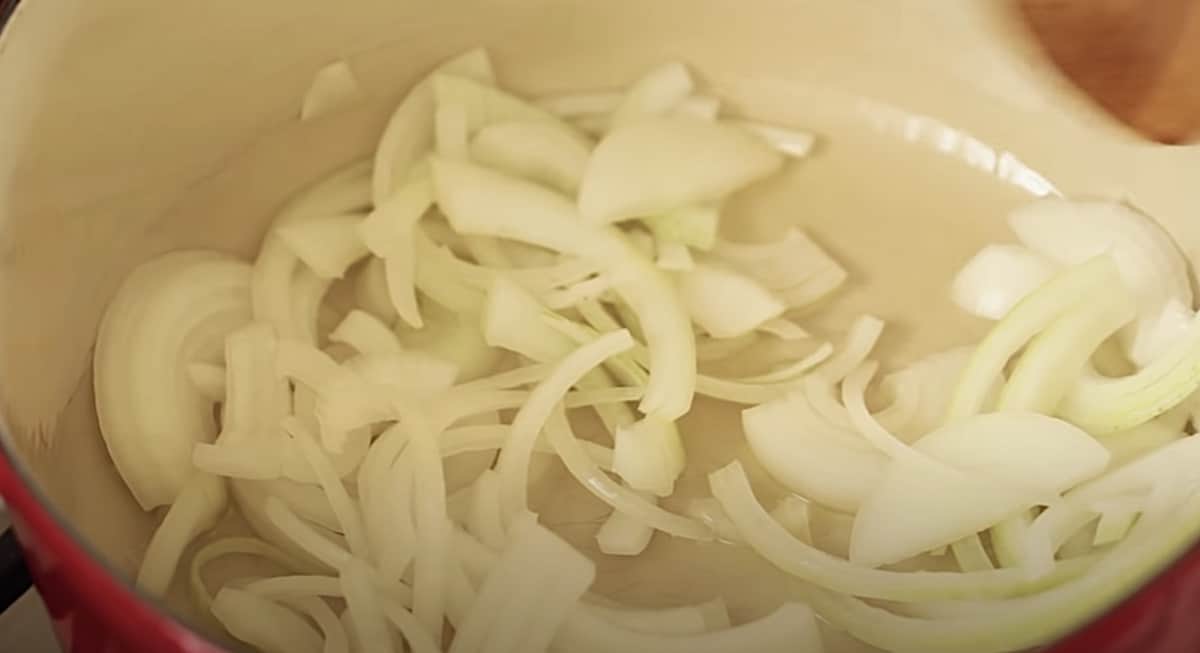 a pot of onions cooking