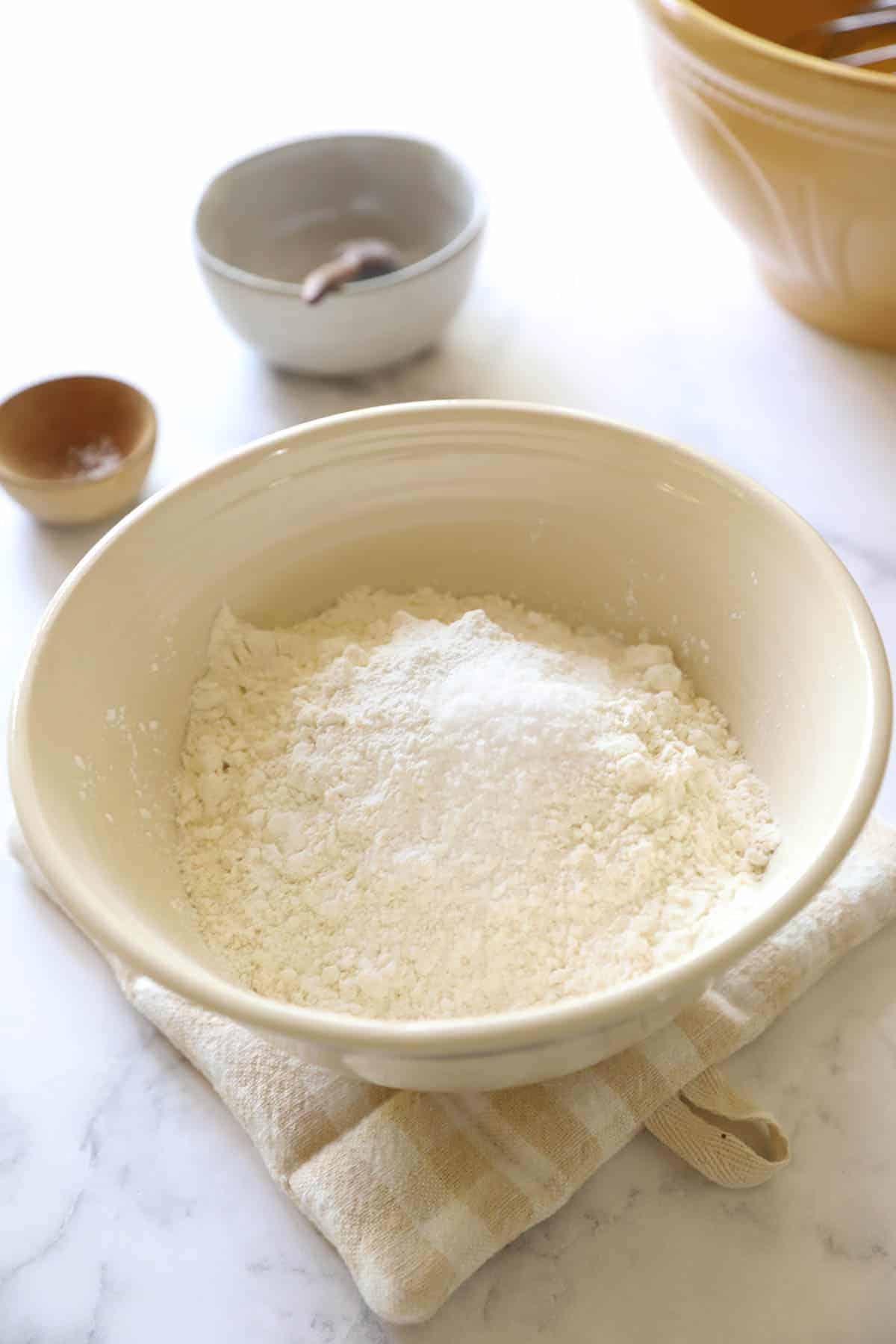 Flour and dry ingredients in a bowl