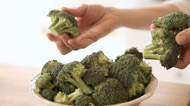 A person holding a piece of broccoli