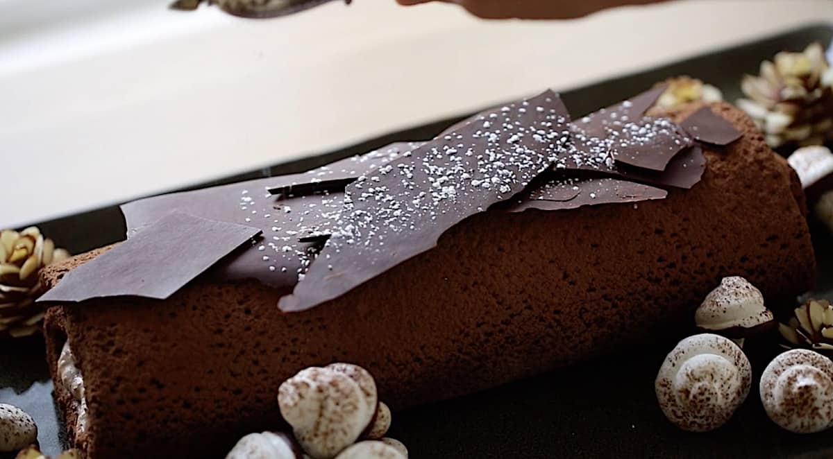 chocolate bark placed on top of yule log