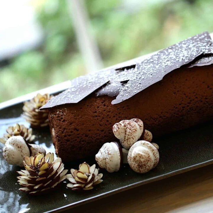 Buche de Noel on a platter with decorations