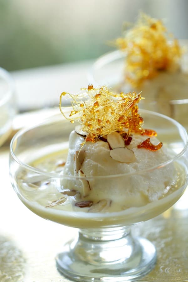 Ile Flottante Recipe topped with spun sugar