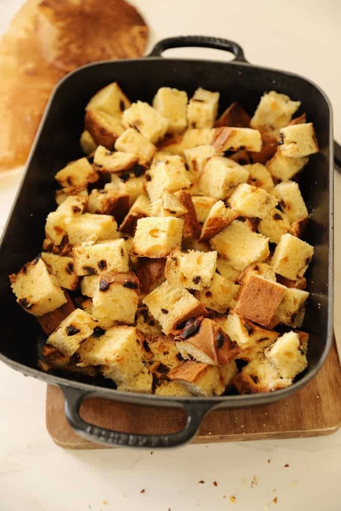 Panettone cubes in a baking dish.