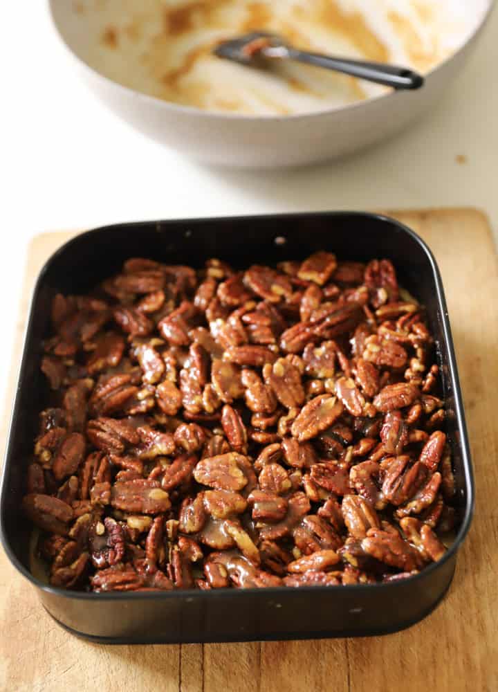 Pecan mixture spread onto a cooled shortbread crust. 