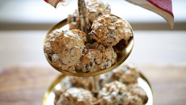 Christmas Cookies piled on a 2-tier cookie platter