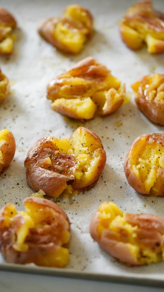 smashed potatoes drizzled with olive oil.