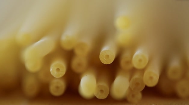 Extreme close up showing the hollow interior of Bucanti Pasta 