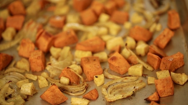 Roasted Root Vegetables on a baking sheet