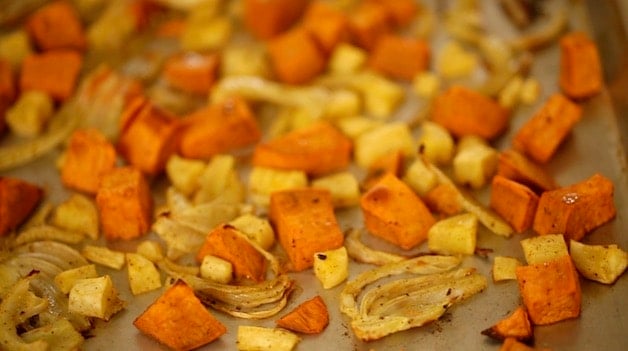 Roasted Root Vegetables on a baking sheet