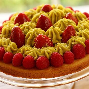 Pistachio Strawberry Tart on Cake STand