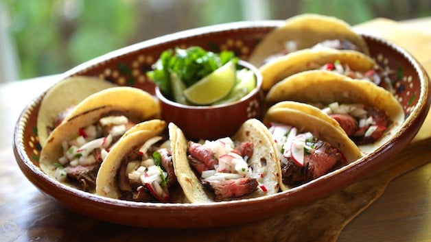 Carne Asada Tacos on a Terra Cotta Mexican Platter