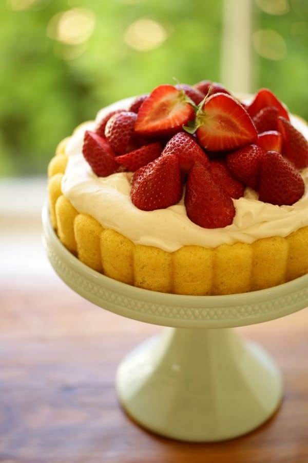 Vertical image of a strawberry shortcake cheater charlotte on a blue cake stand with garden view behind it