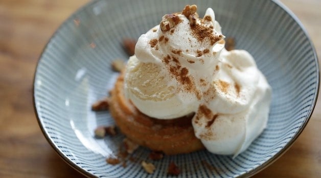 Churro Sundae on a Blue Plate