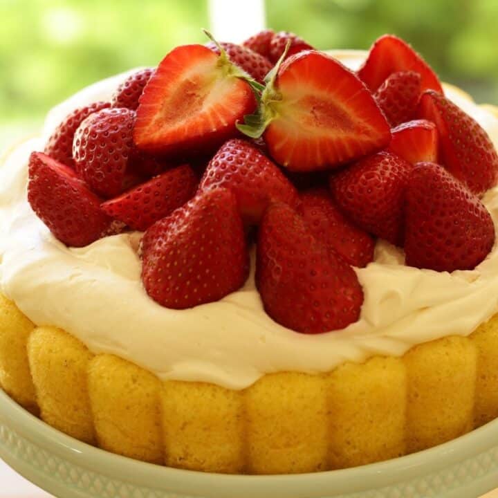 Strawberry Shortcake on a Blue Cake Stand