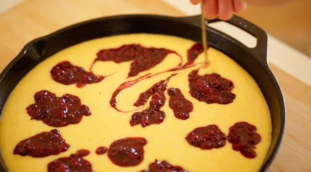 Swirling blackberry puree into cornbread batter