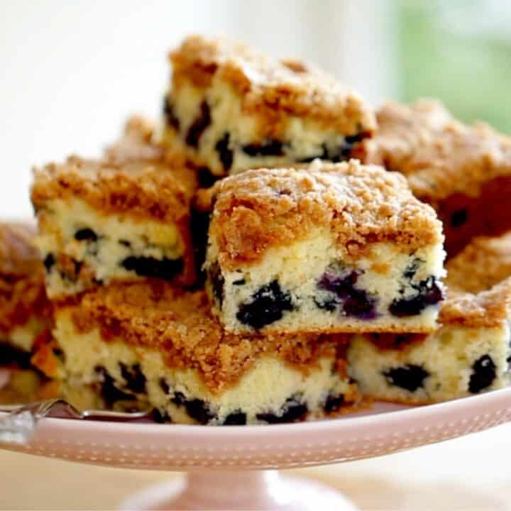 Blueberry Crumb Cake on a Pink Cake Stand