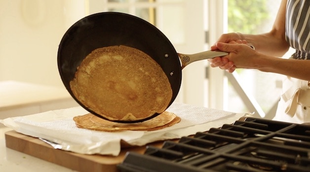 Sliding a finished crepe out of a non-stick skillet