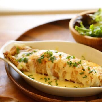 Chicken and Mushroom Crepe in a gratin dish with a side salad