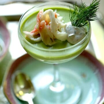 Savory Sweet Pea Panna Cotta with King Crab in a Champagne Coupe