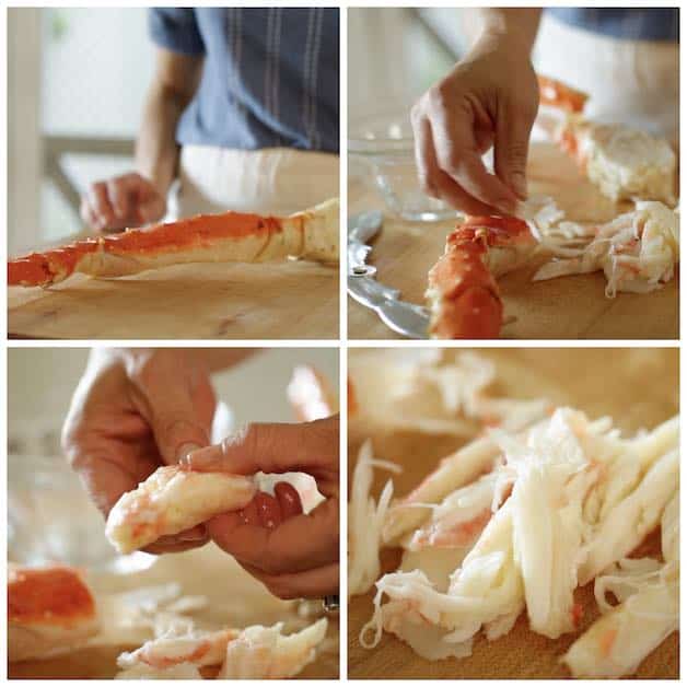 a collage of images showing King Crab leg being cracked and picked of its meat