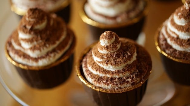 Tiramisu cupcakes on a clear cakestand