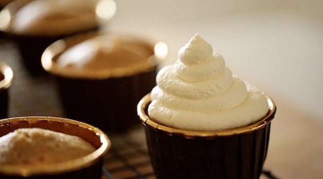 Frosting on top of a tiramisu cupcake