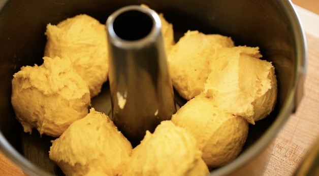 Cake batter balls in an Angel Food Cake Pan