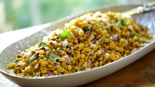 Charred Mexican Corn Salad Recipe in white serving platter