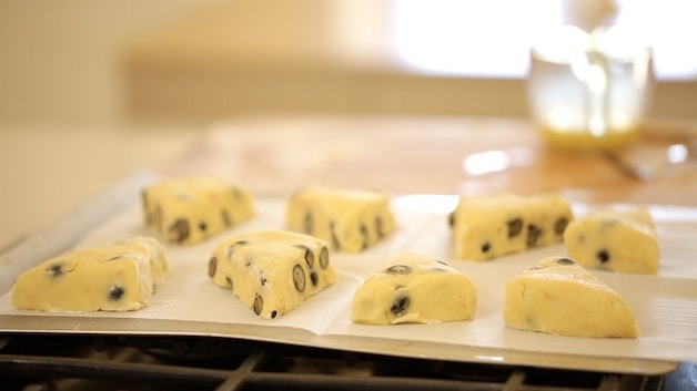 Bollos de arándanos cortados en triángulos en una bandeja para hornear listos para el horno